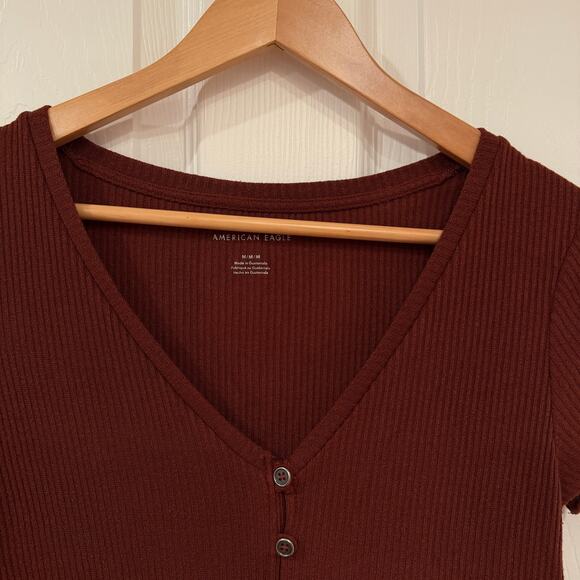 American Eagle Ribbed Button-Front Lettuce Hem Top – Rust Brown Size M Y2K 90's - Picture 4 of 9